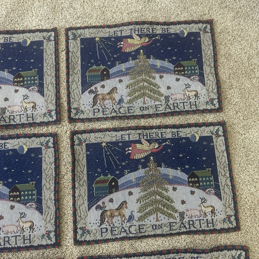Set Of 10 Christmas Woven Tapestry Placemats Peace on Earth Angel Vintage Snow